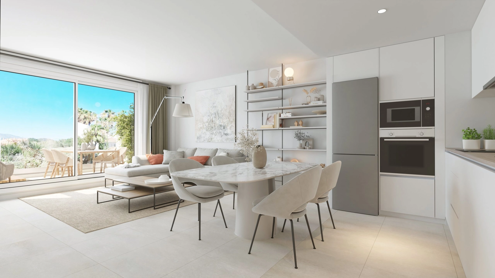 An open-plan living and dining area filled with natural light from the terrace.
