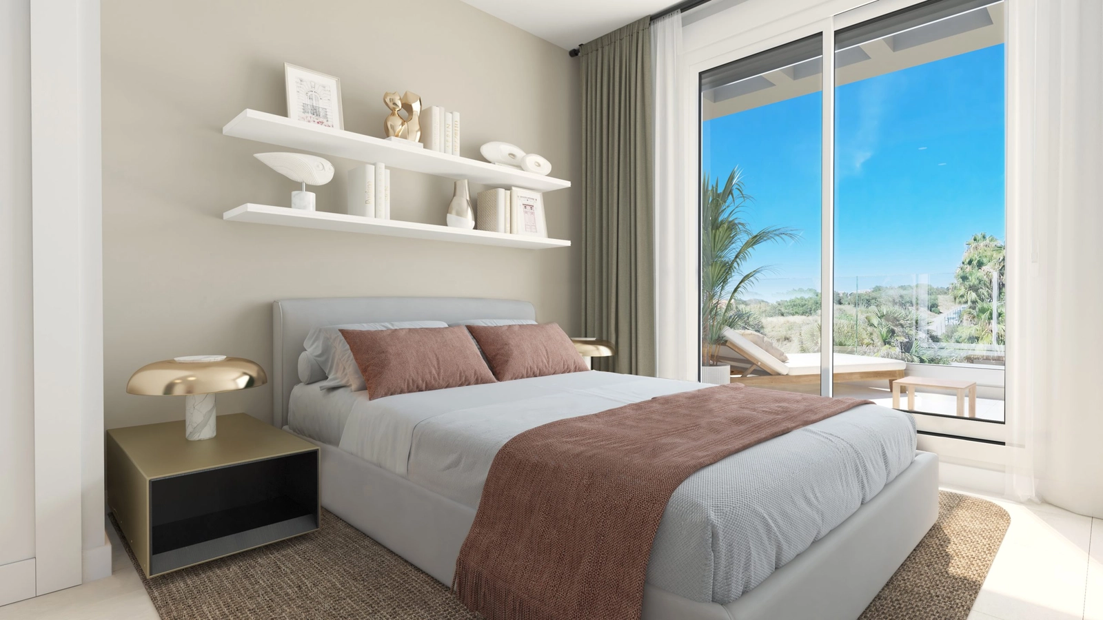 A serene master bedroom with direct access to the terrace and outdoor space.