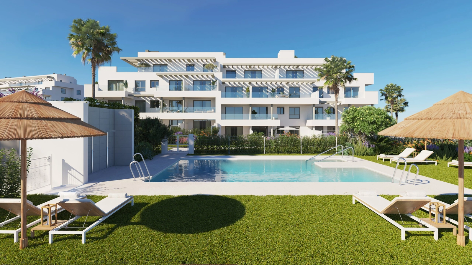 The communal swimming pool, set within lush gardens for residents to enjoy.