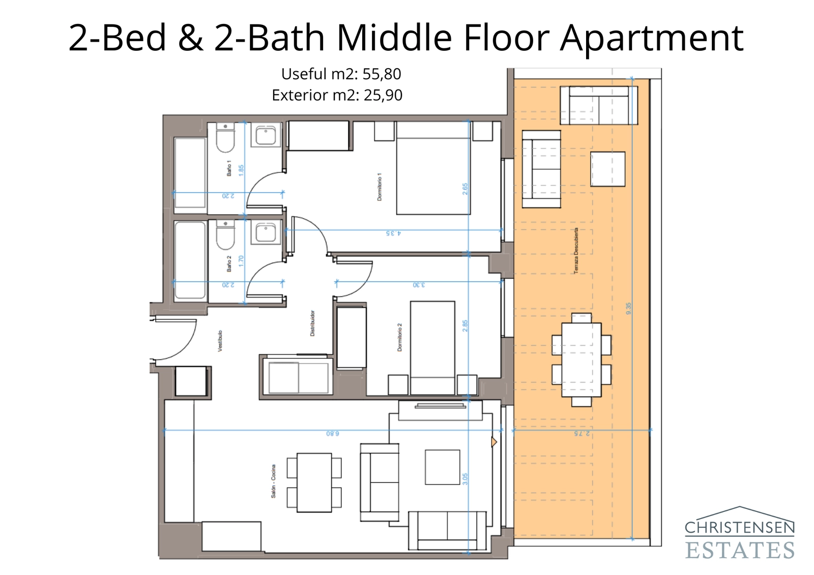 The layout for a two-bedroom apartment, featuring an open living area and a generous terrace.
