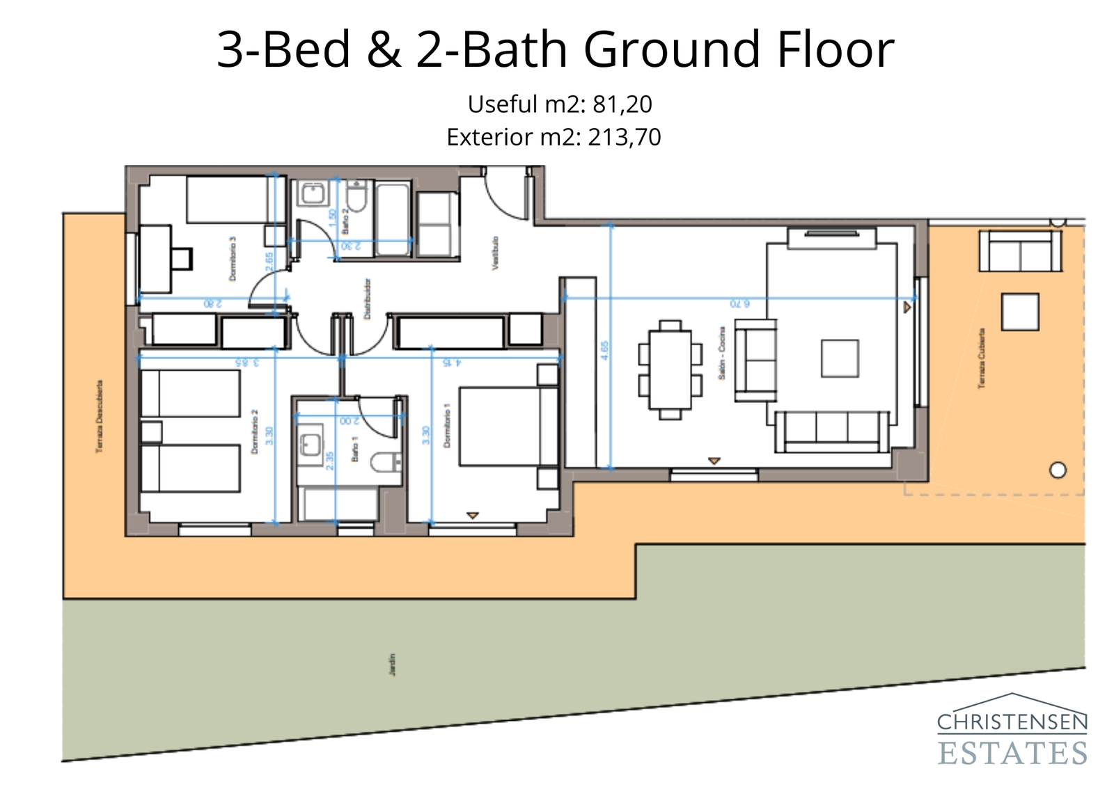 A spacious three-bedroom ground-floor layout with an extensive terrace and private garden area.