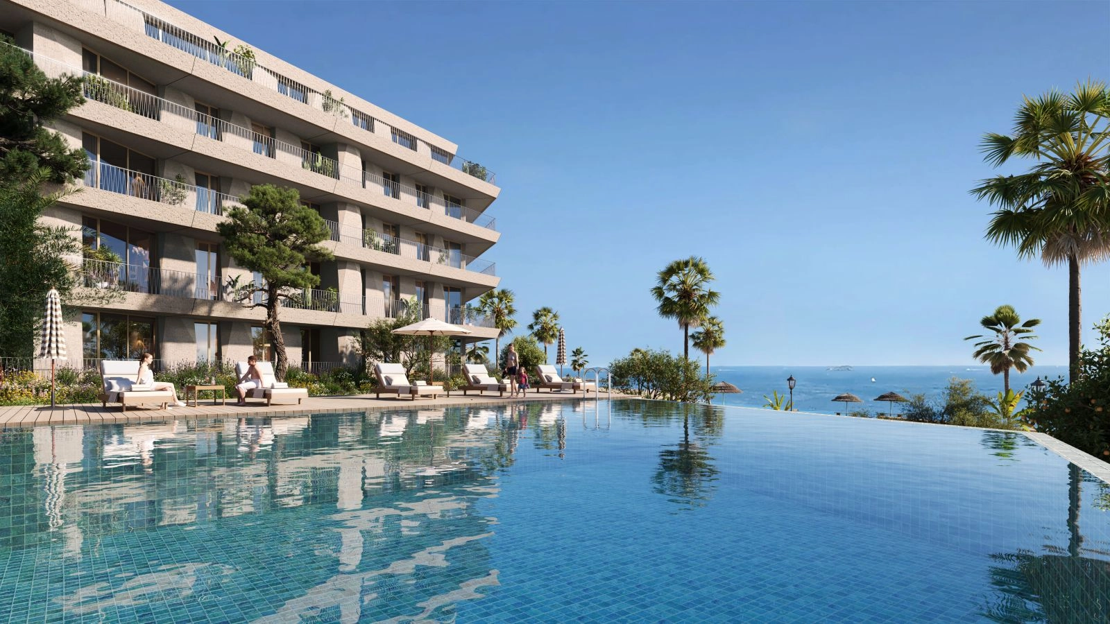 Relax by the infinity-edge swimming pool with panoramic views of the Costa del Sol coastline.