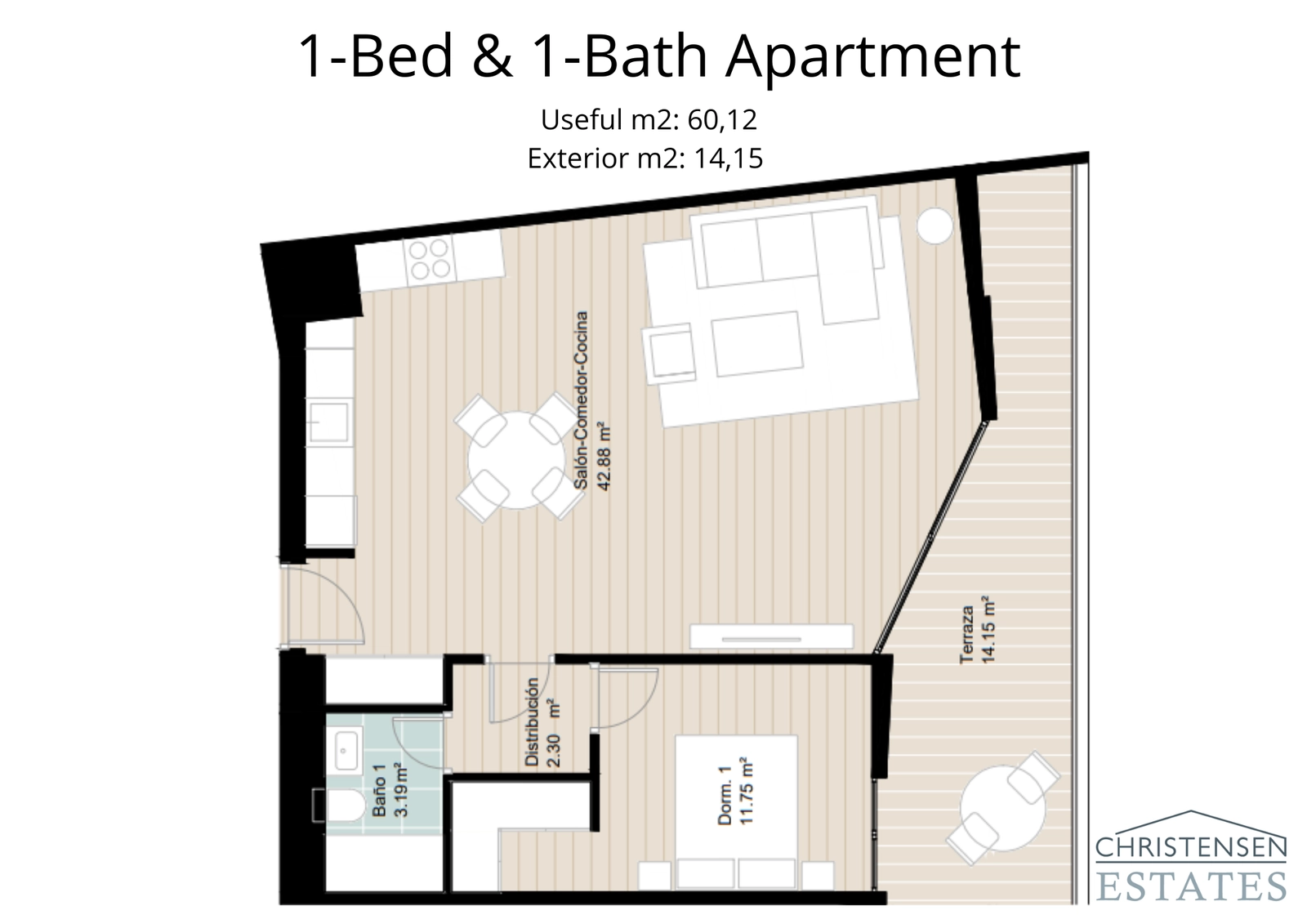 This one-bedroom layout offers a bright, open-plan living area that flows onto a generous terrace, ideal for enjoying the coastal climate.