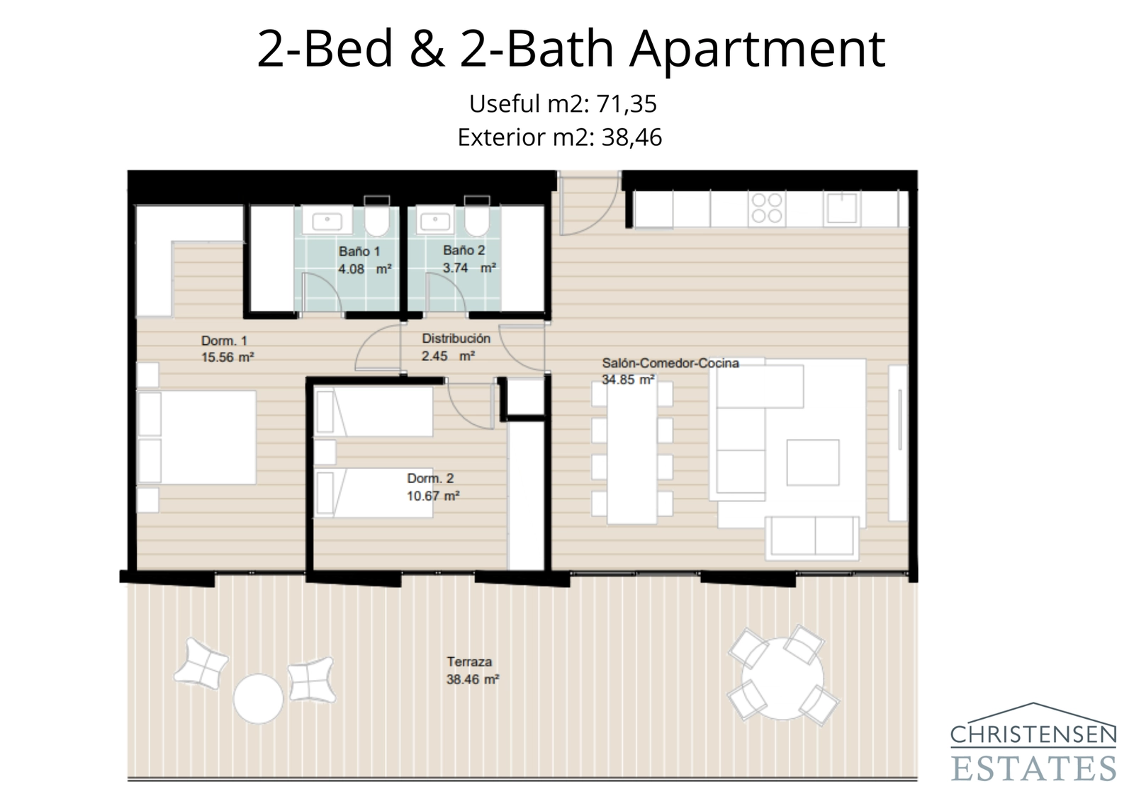 A practical two-bedroom design featuring an expansive terrace, perfect for families or guests, with seamless indoor-outdoor living.