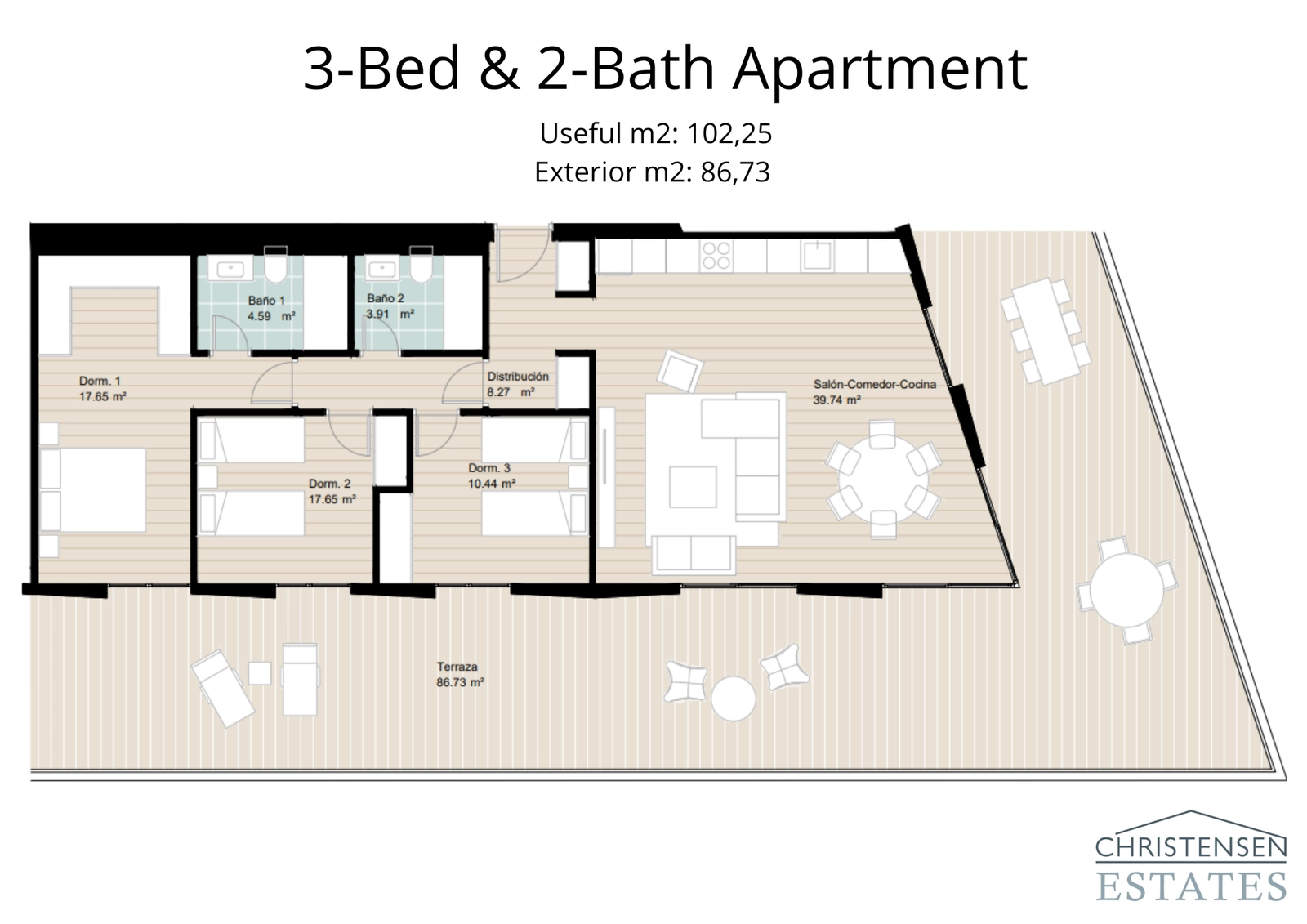 Spacious three-bedroom residence with a vast terrace, providing ample space for outdoor dining and relaxation while enjoying the sea views.