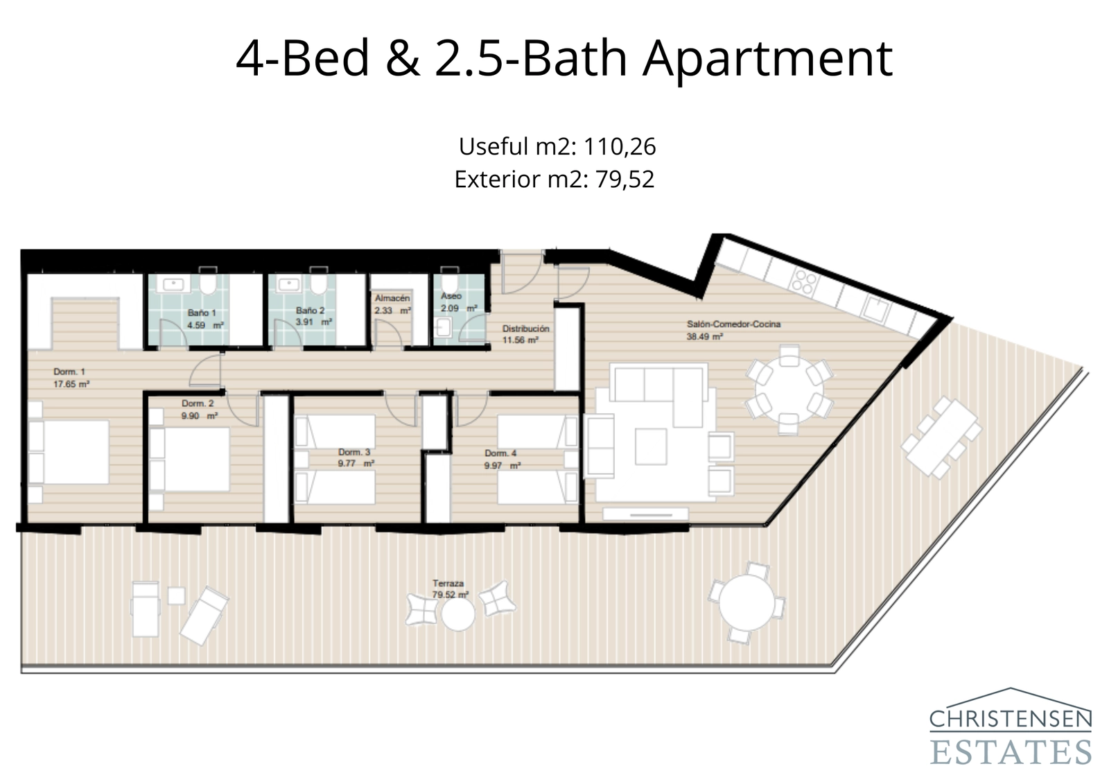 The four-bedroom floor plan offers maximum comfort and space, with well-defined living areas and a large terrace for the ultimate Mediterranean lifestyle.