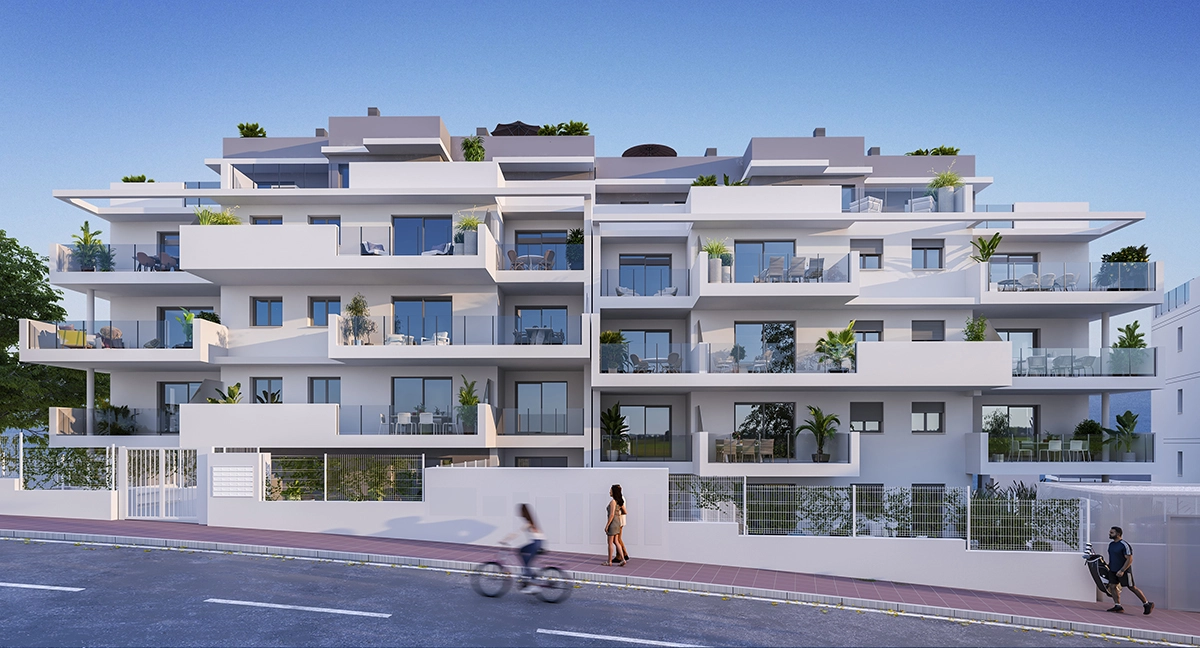 The modern architectural design of the building, featuring clean lines and spacious terraces.