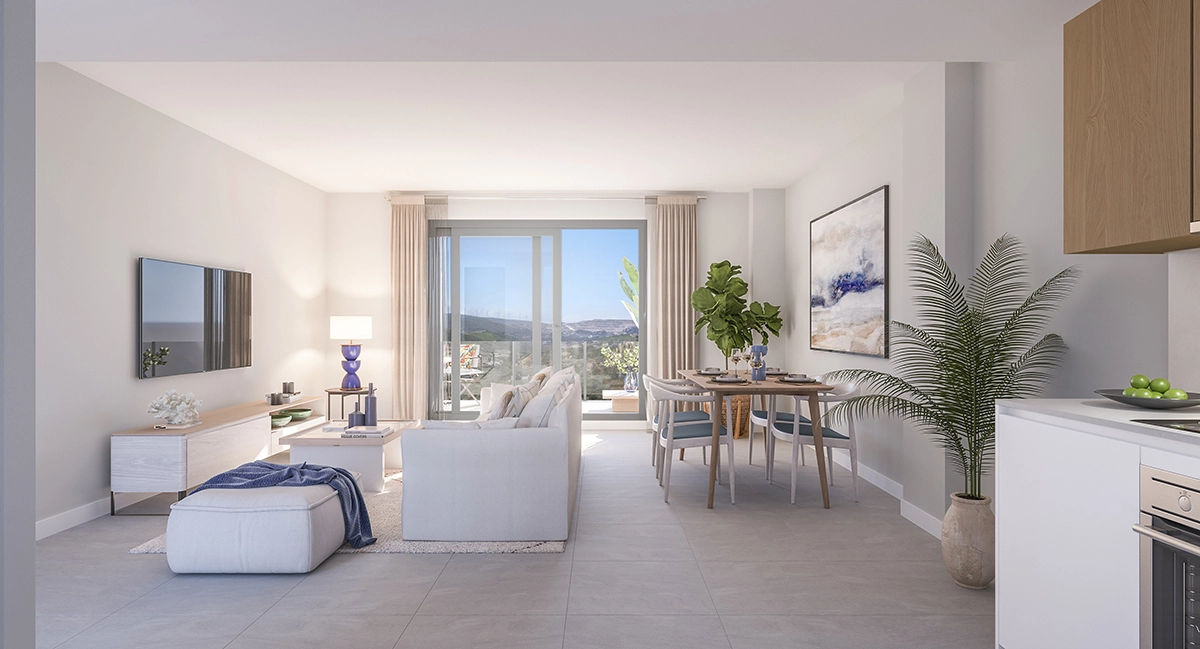 The bright and spacious living area is designed for comfort, seamlessly connecting to the outdoors.
