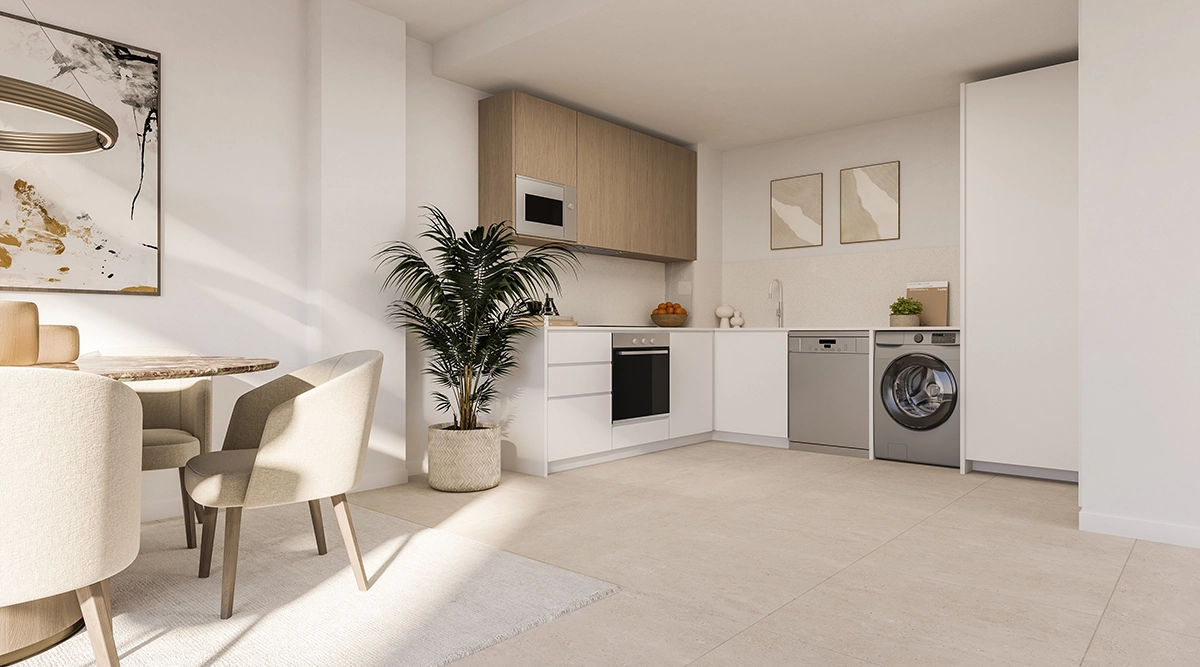 A modern, fully equipped kitchen with high-quality appliances and an open-plan design for contemporary living.