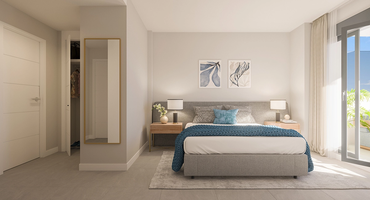 A peaceful and elegant bedroom, offering direct access to the terrace and abundant natural light.