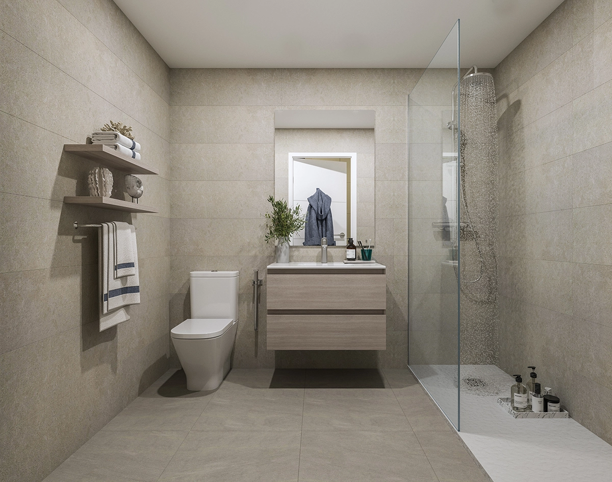 A stylish and contemporary bathroom featuring high-quality fixtures and a spacious walk-in shower.