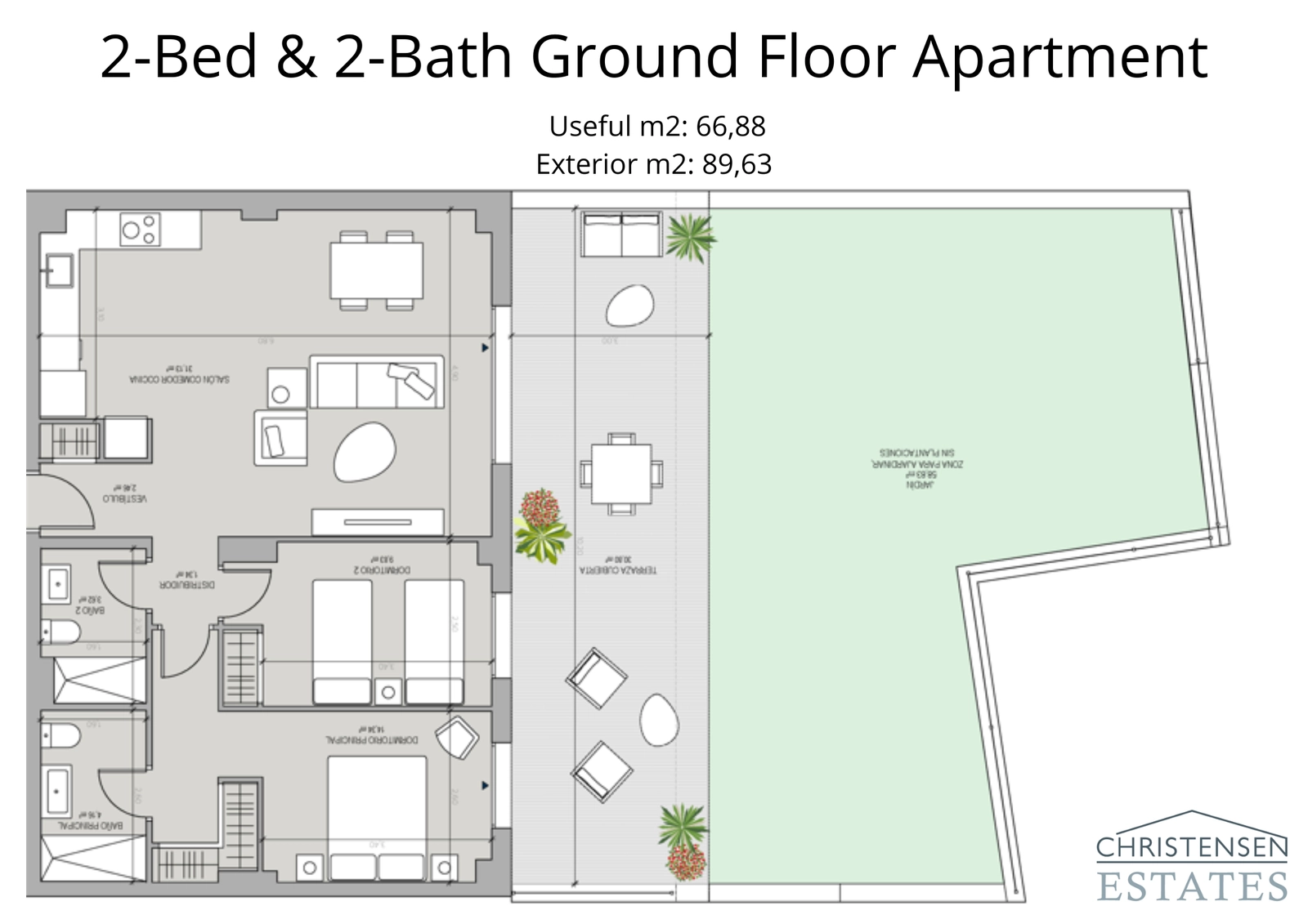 This two-bedroom ground floor layout features a spacious private garden, seamlessly extending the living area outdoors for perfect indoor-outdoor living.