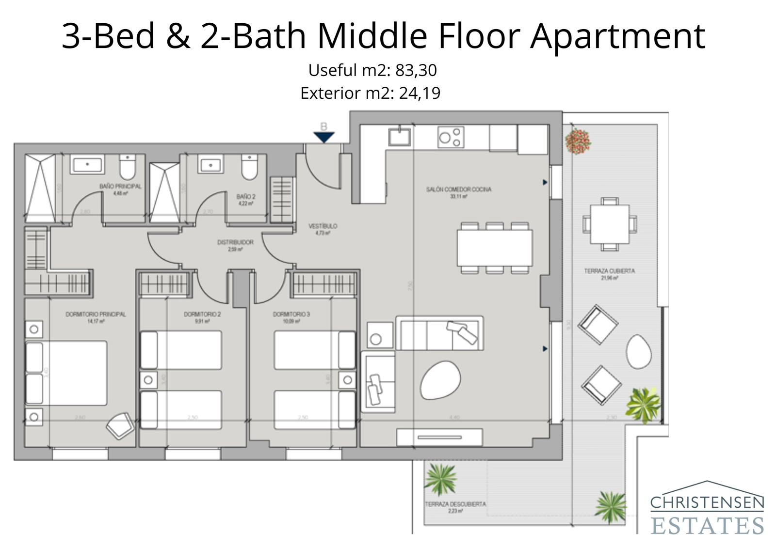 A well-designed three-bedroom apartment plan, offering a generous covered terrace and a clear separation between living and sleeping areas for enhanced comfort.