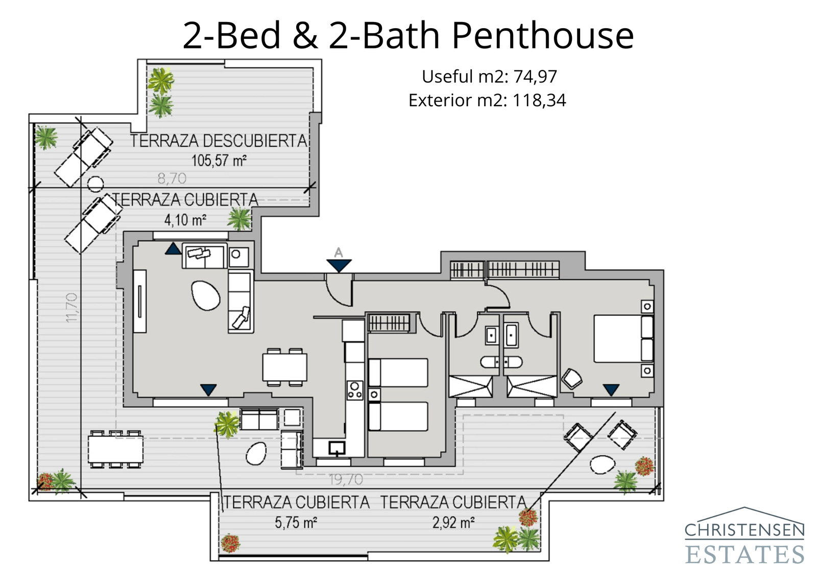 The layout for this two-bedroom penthouse reveals an expansive wrap-around terrace, providing multiple areas for sunbathing, dining, and enjoying the panoramic views.