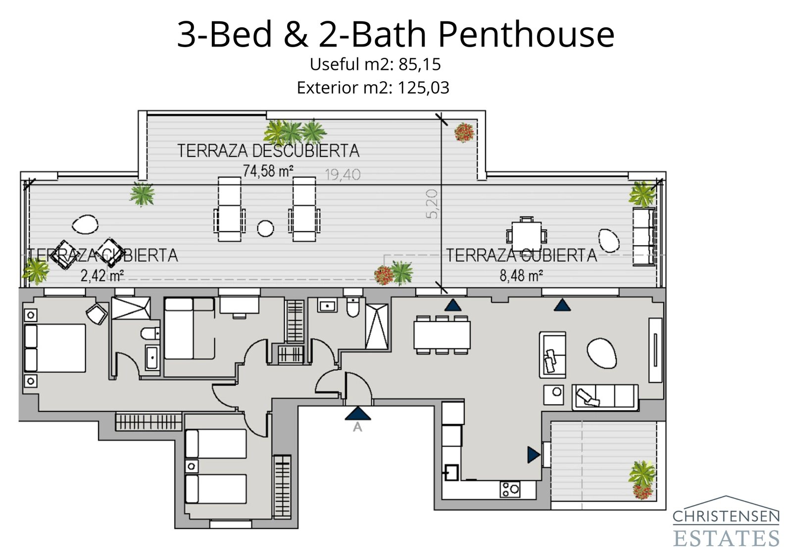This three-bedroom penthouse offers an exceptional rooftop terrace, creating a private retreat with ample space for entertainment and relaxation above the Costa del Sol.