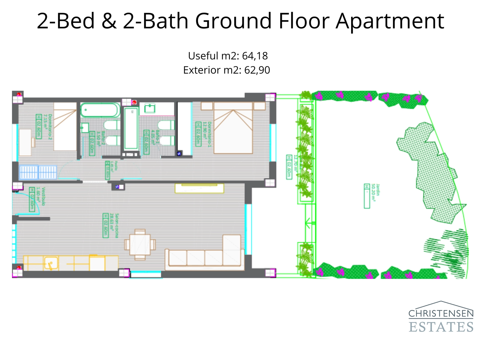 This two-bedroom ground-floor layout features a spacious private garden, creating a perfect indoor-outdoor living experience.