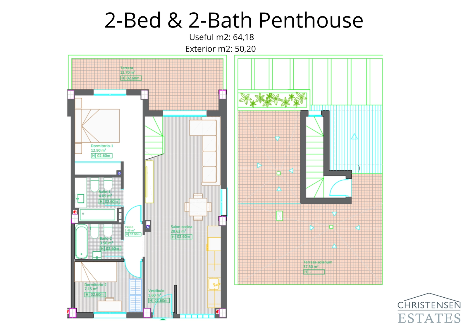 The exclusive two-bedroom penthouse layout includes a large rooftop solarium, providing a private space for sunbathing and entertainment.