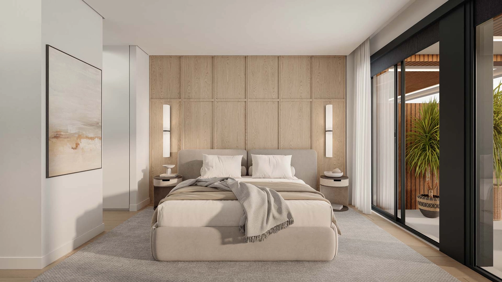 The master bedroom offers a serene retreat with elegant design and direct terrace access.