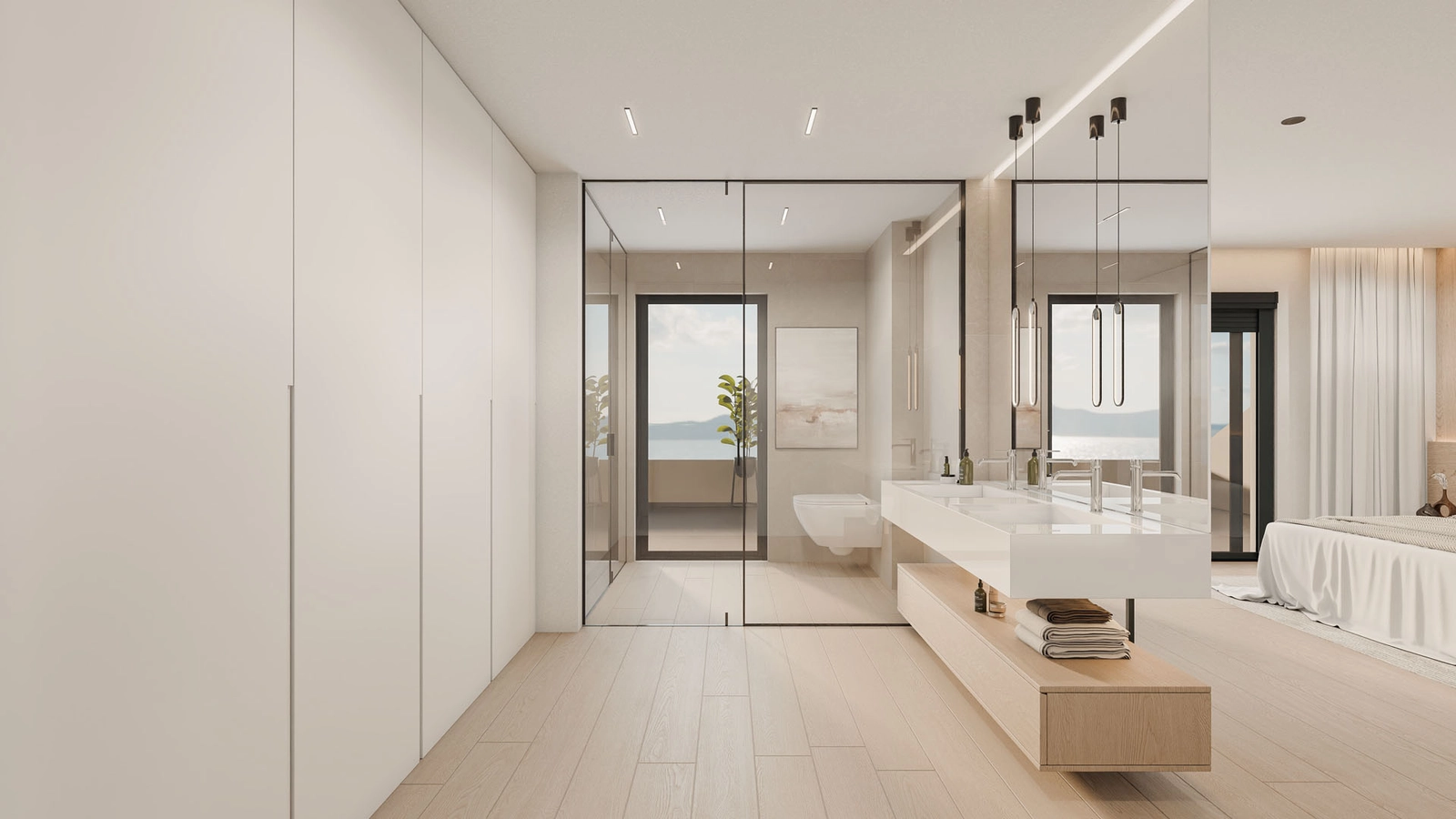 A luxurious en-suite bathroom where clean lines and natural light create a spa-like atmosphere.