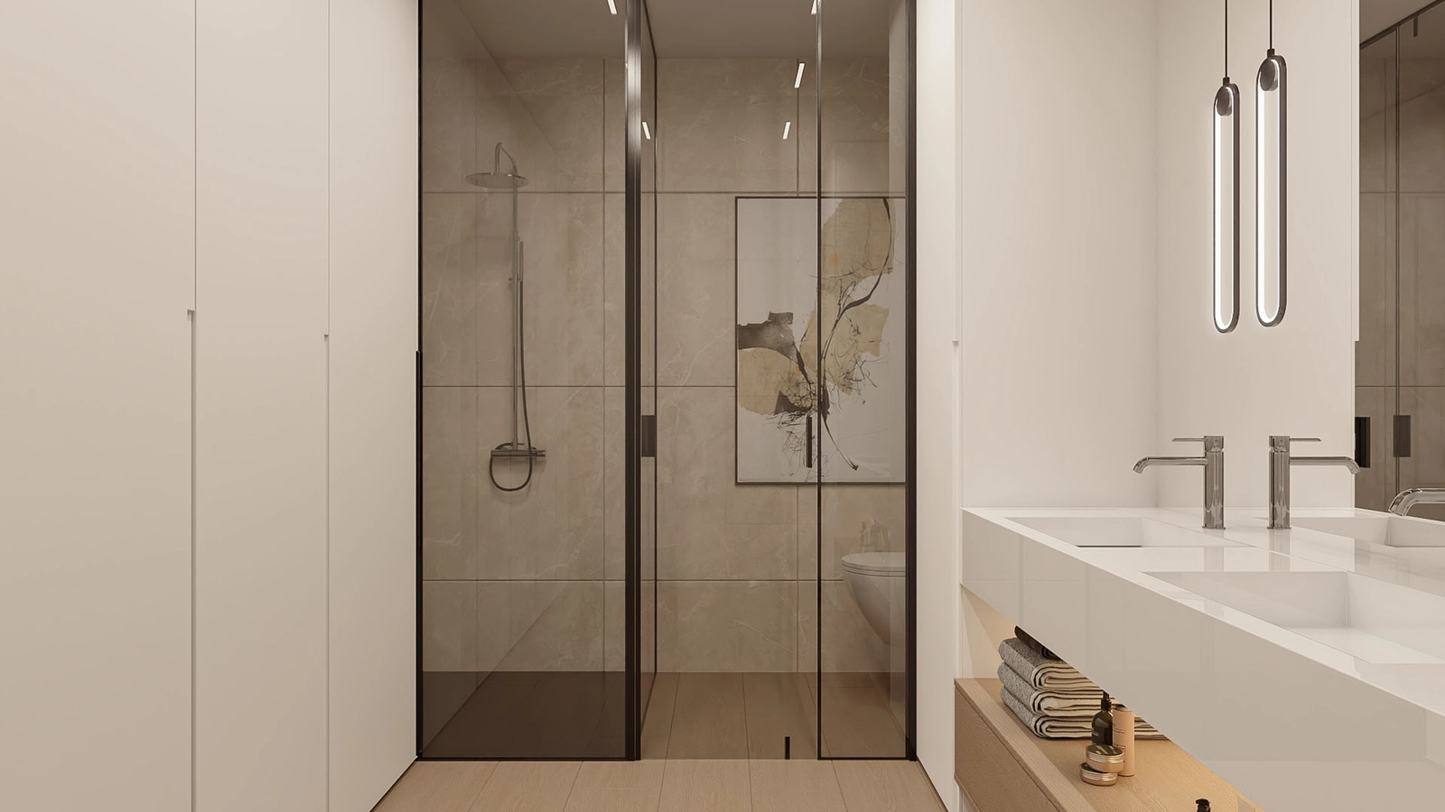 A contemporary bathroom featuring high-quality fixtures and sophisticated finishes.