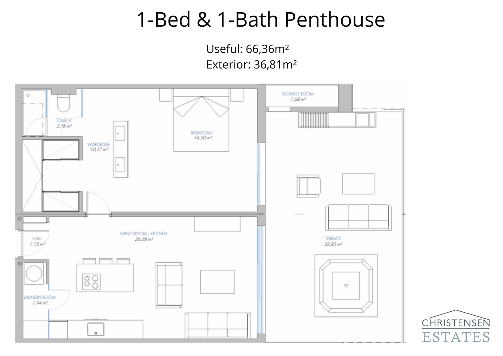 This one-bedroom penthouse layout offers an intelligent use of space, connecting the living area to a large terrace with a private jacuzzi.