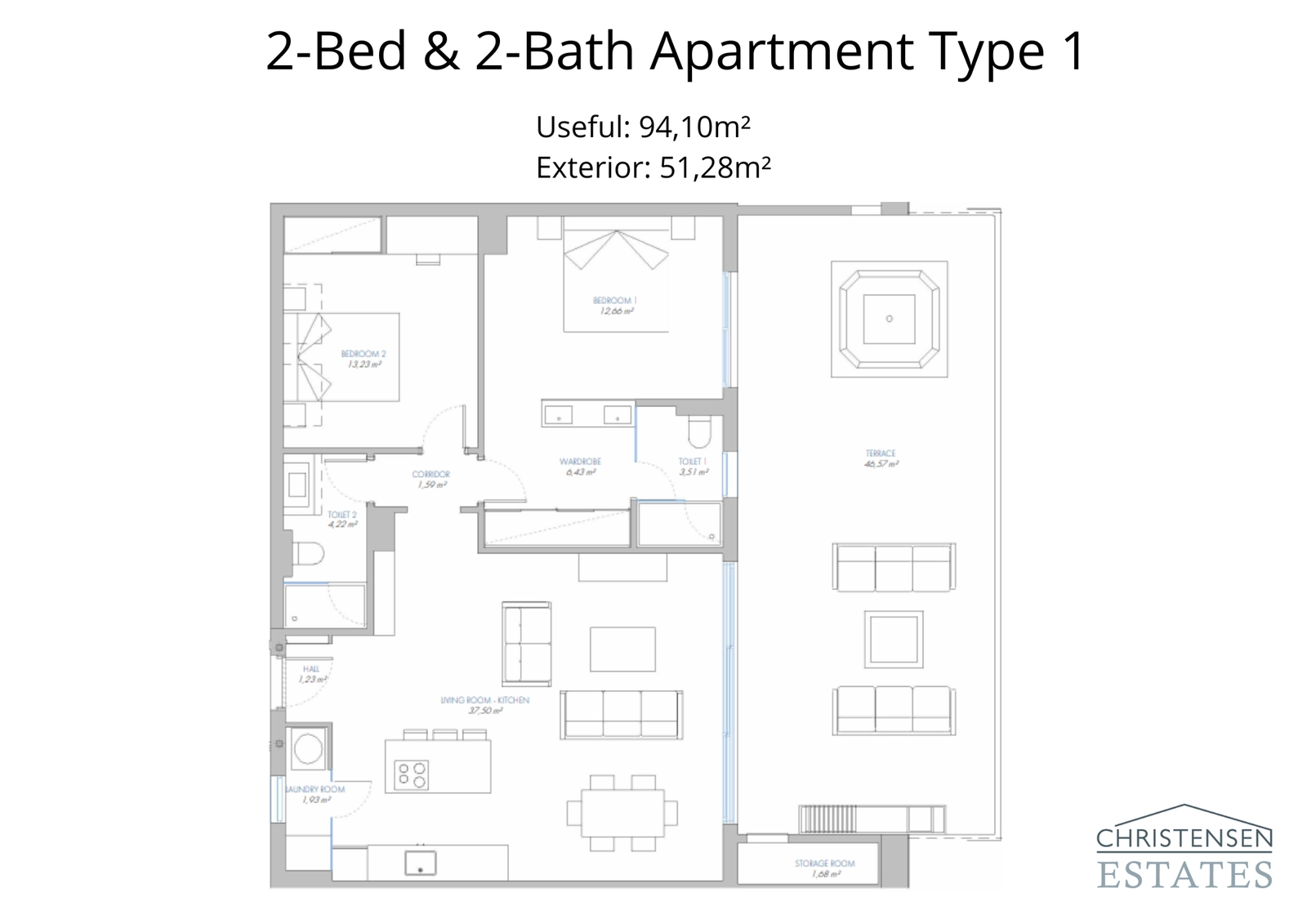 A spacious two-bedroom floor plan designed for comfort, featuring a generous terrace that extends the living space outdoors.