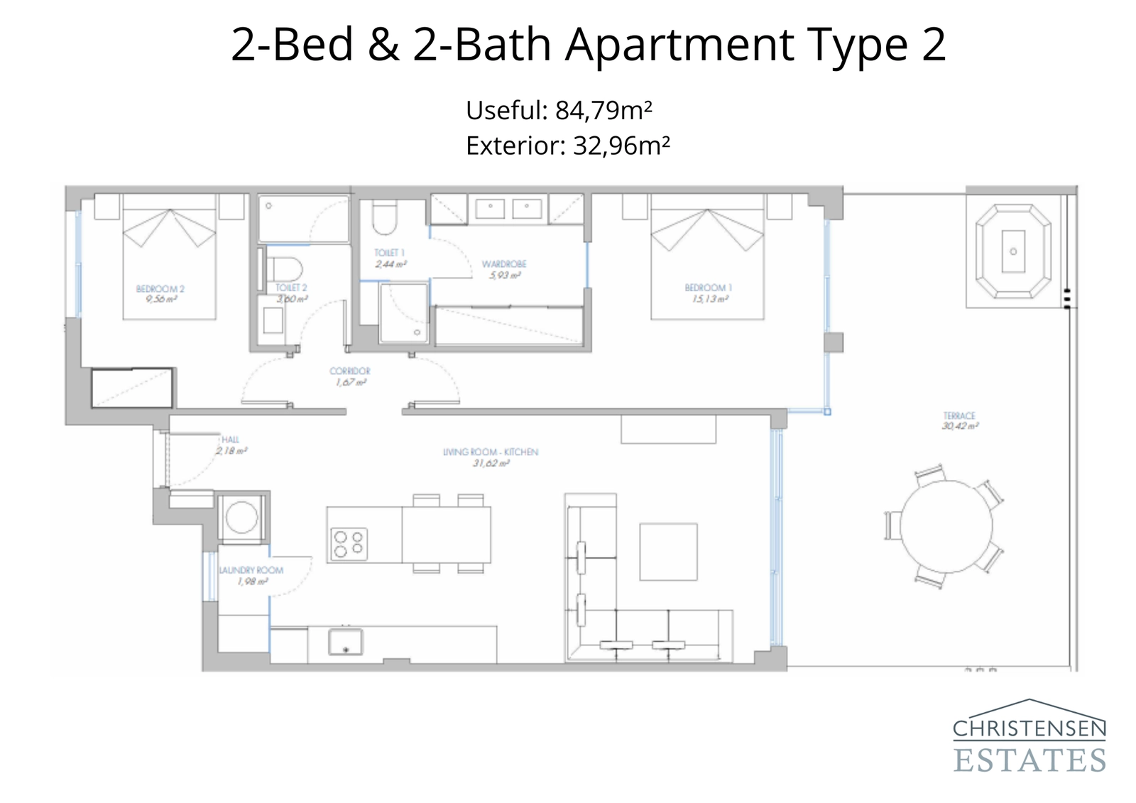 This well-designed two-bedroom layout maximizes functionality and privacy, with a seamless flow to the private outdoor terrace.