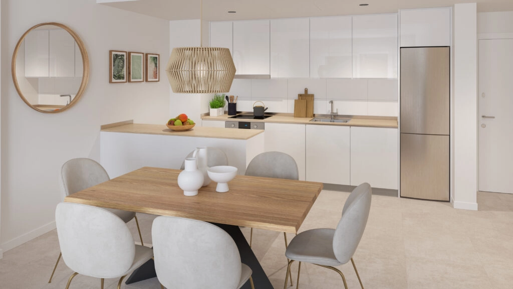 A modern, open-plan kitchen fully equipped with high-quality appliances, designed for both daily life and entertaining.