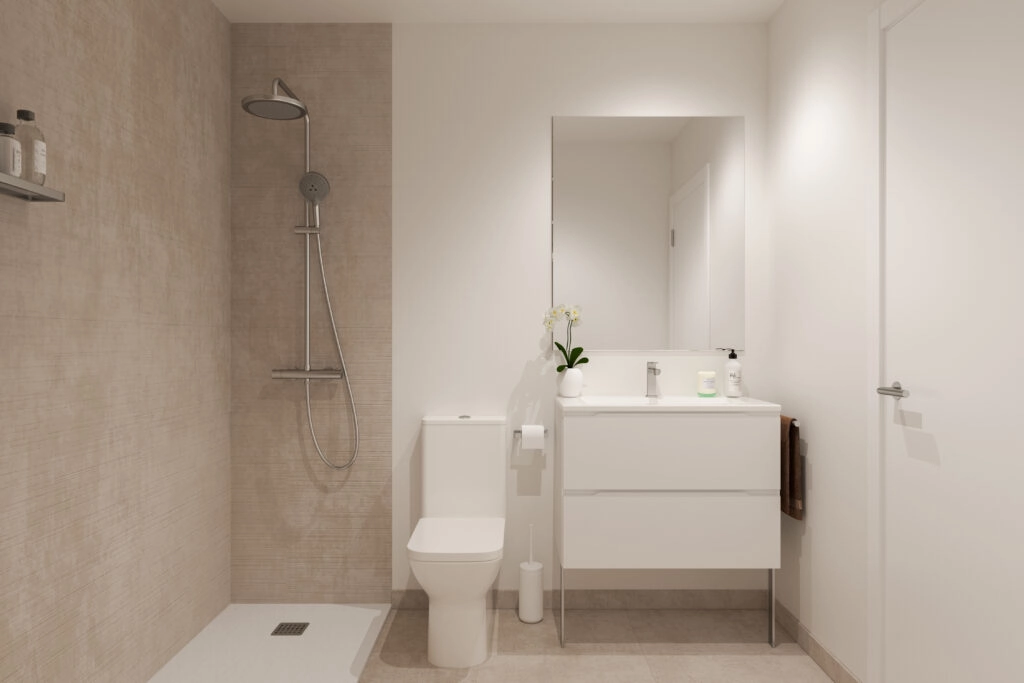 A stylish and contemporary bathroom featuring high-quality fittings and a clean, minimalist design.