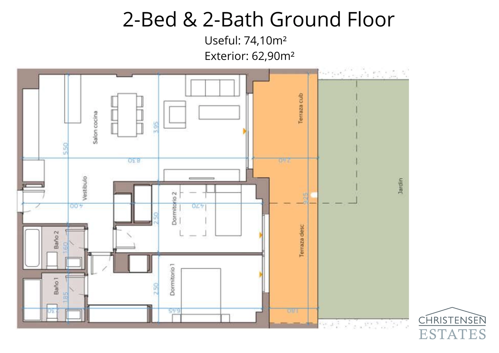 This two-bedroom ground floor layout shows a smart design that maximizes space and light, connecting the living area to a generous terrace and private garden for seamless outdoor living.