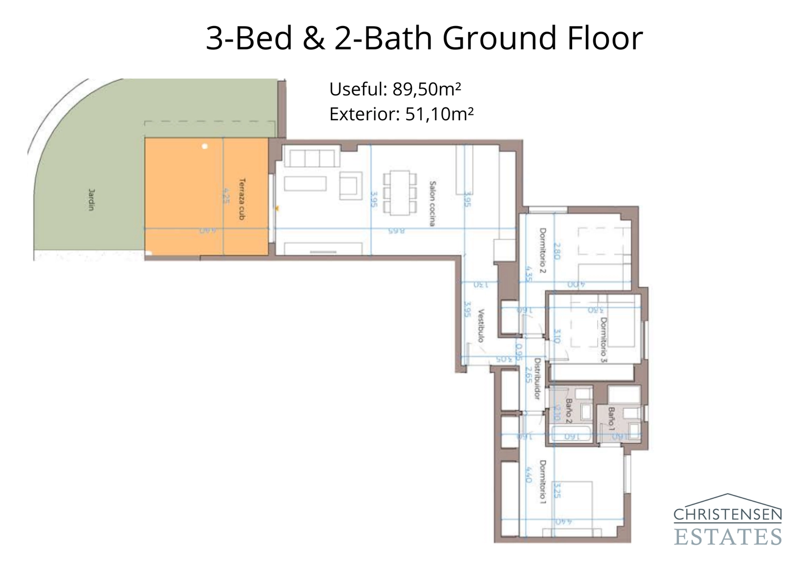 The three-bedroom ground floor plan features an expansive open-plan living and kitchen area, with direct access to a private garden, ideal for families and entertaining.