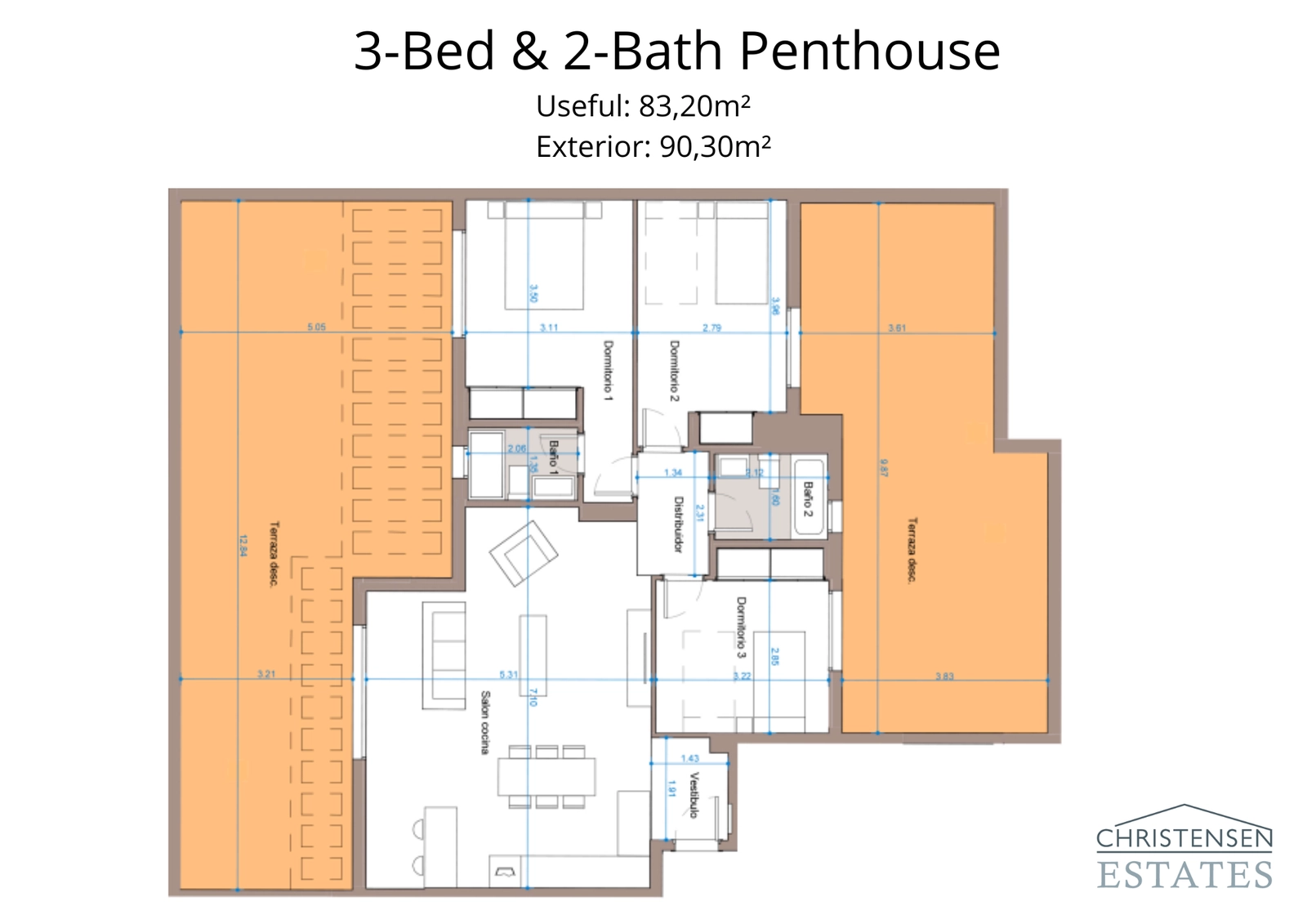 An exceptional three-bedroom penthouse layout offering spacious interiors and multiple terraces to enjoy the sun and magnificent views of the Costa del Sol.