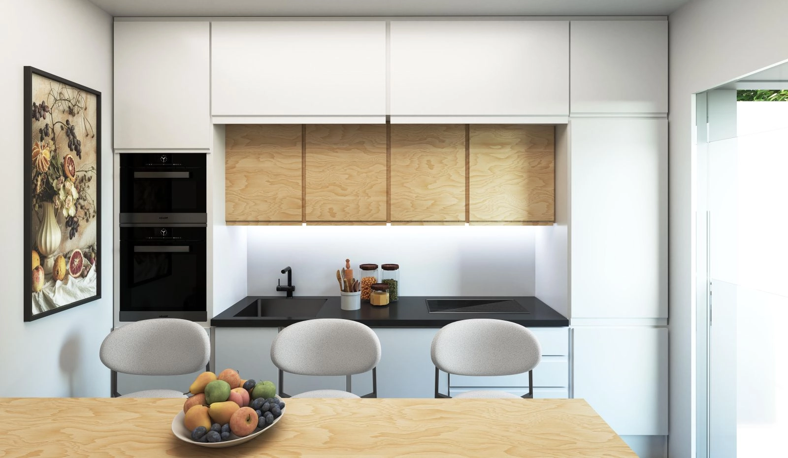 A contemporary kitchen space, designed with both style and function in mind.