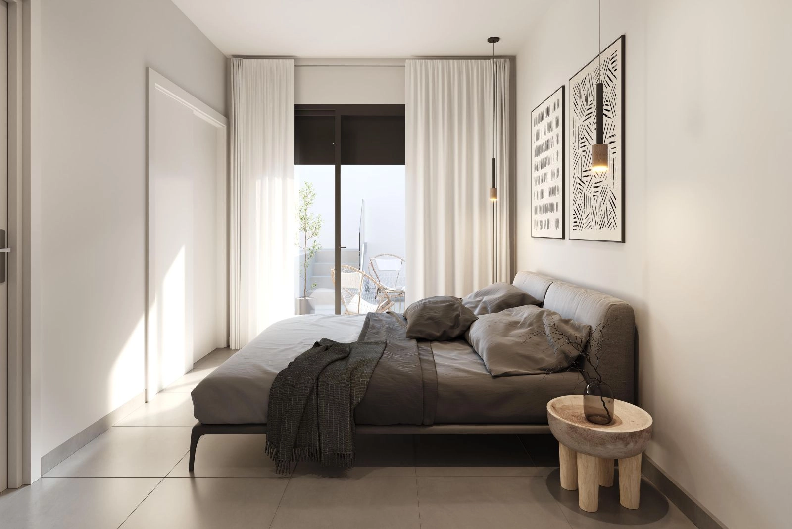 The master bedroom offers a peaceful retreat with direct access to a private outdoor area.