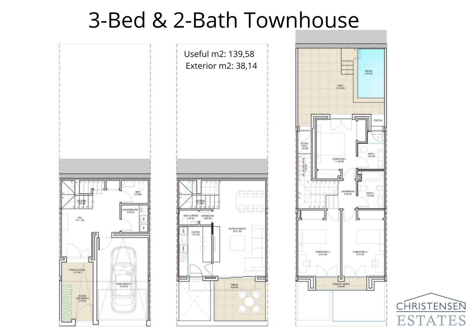 This detailed floor plan shows the intelligent layout of the three-bedroom townhouse, designed for comfortable living with a natural flow between the indoor and outdoor spaces.