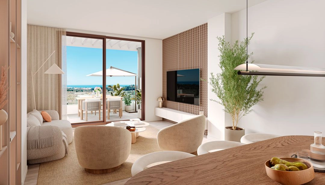 Seamless indoor-outdoor living, where the elegant interior flows onto a sunny terrace with beautiful views.