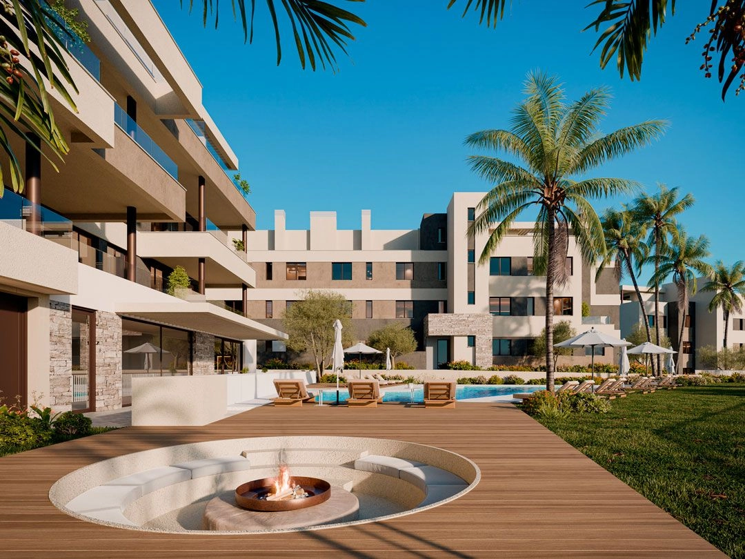 A stylish chill-out area with a fire pit, perfect for social evenings with friends and family.