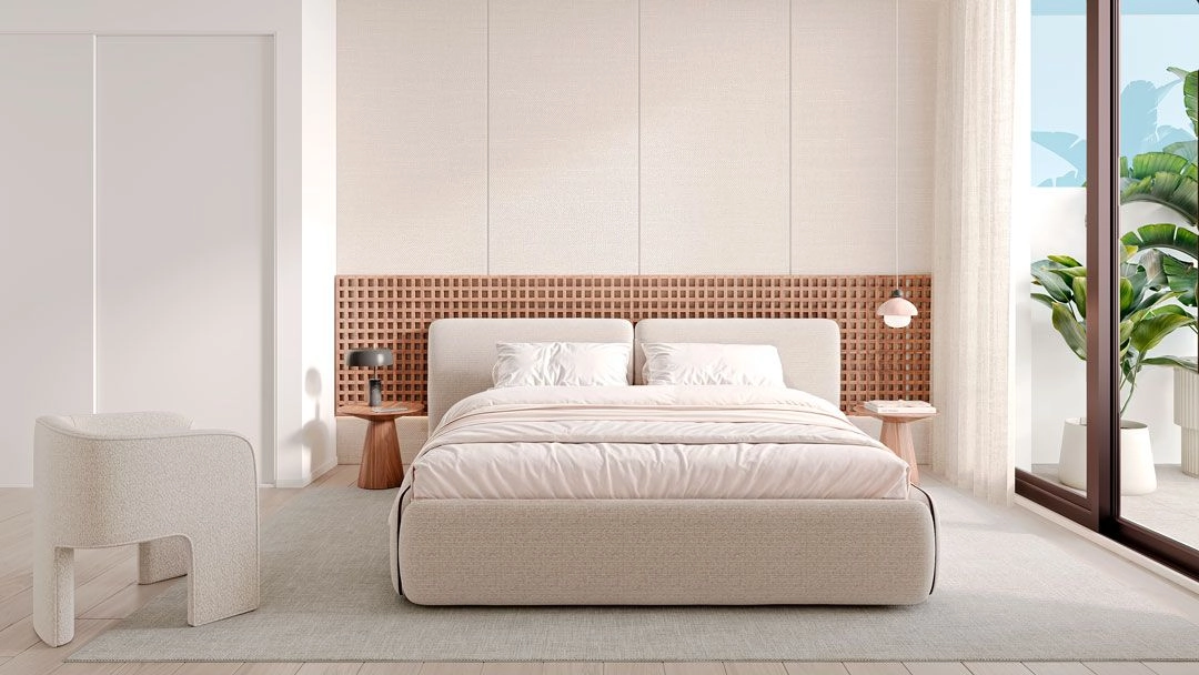 The master bedroom offers a peaceful retreat with a calm, neutral design and natural light.