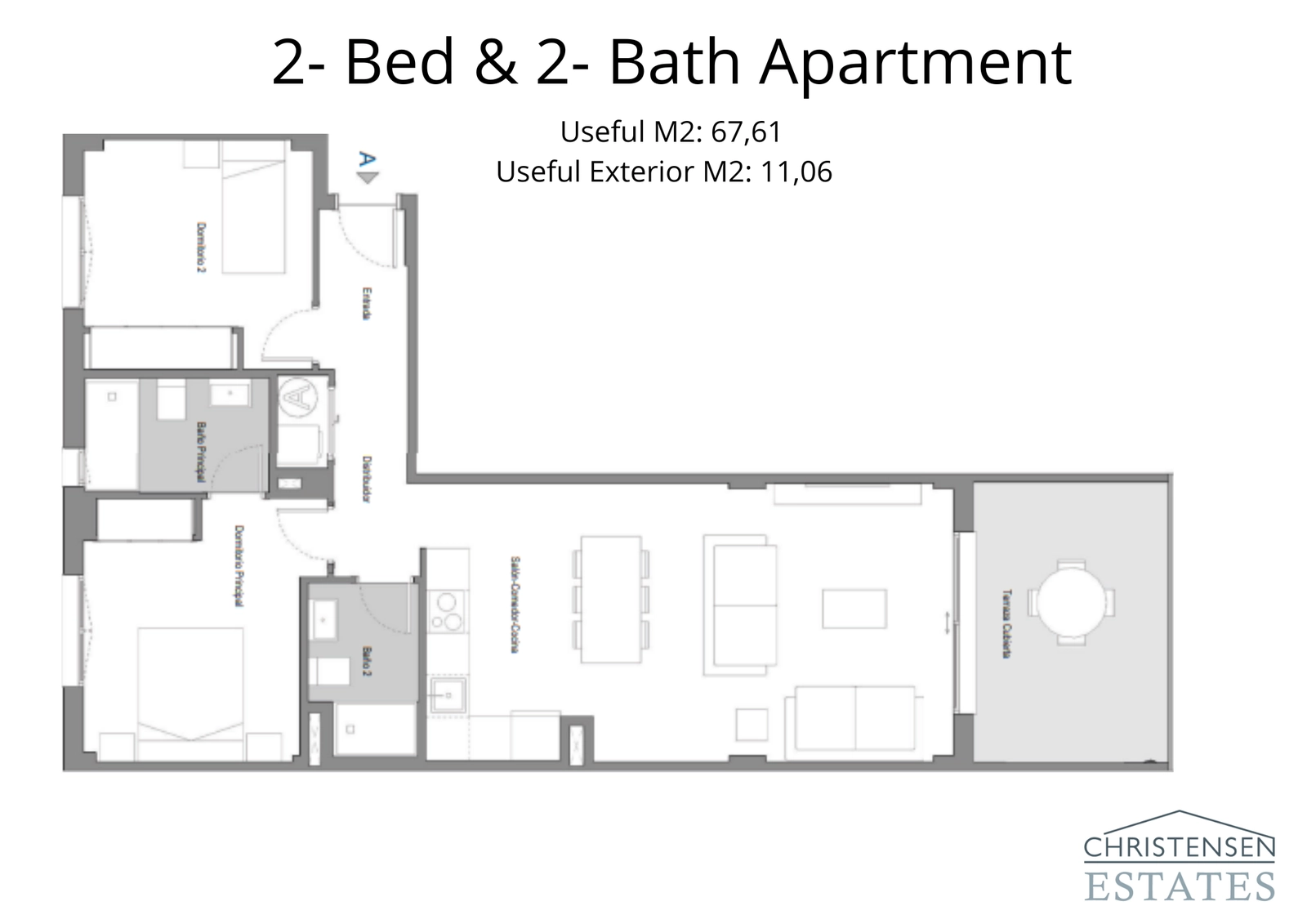 The layout for the two-bedroom home, designed for modern living with an open-plan kitchen and a spacious terrace.