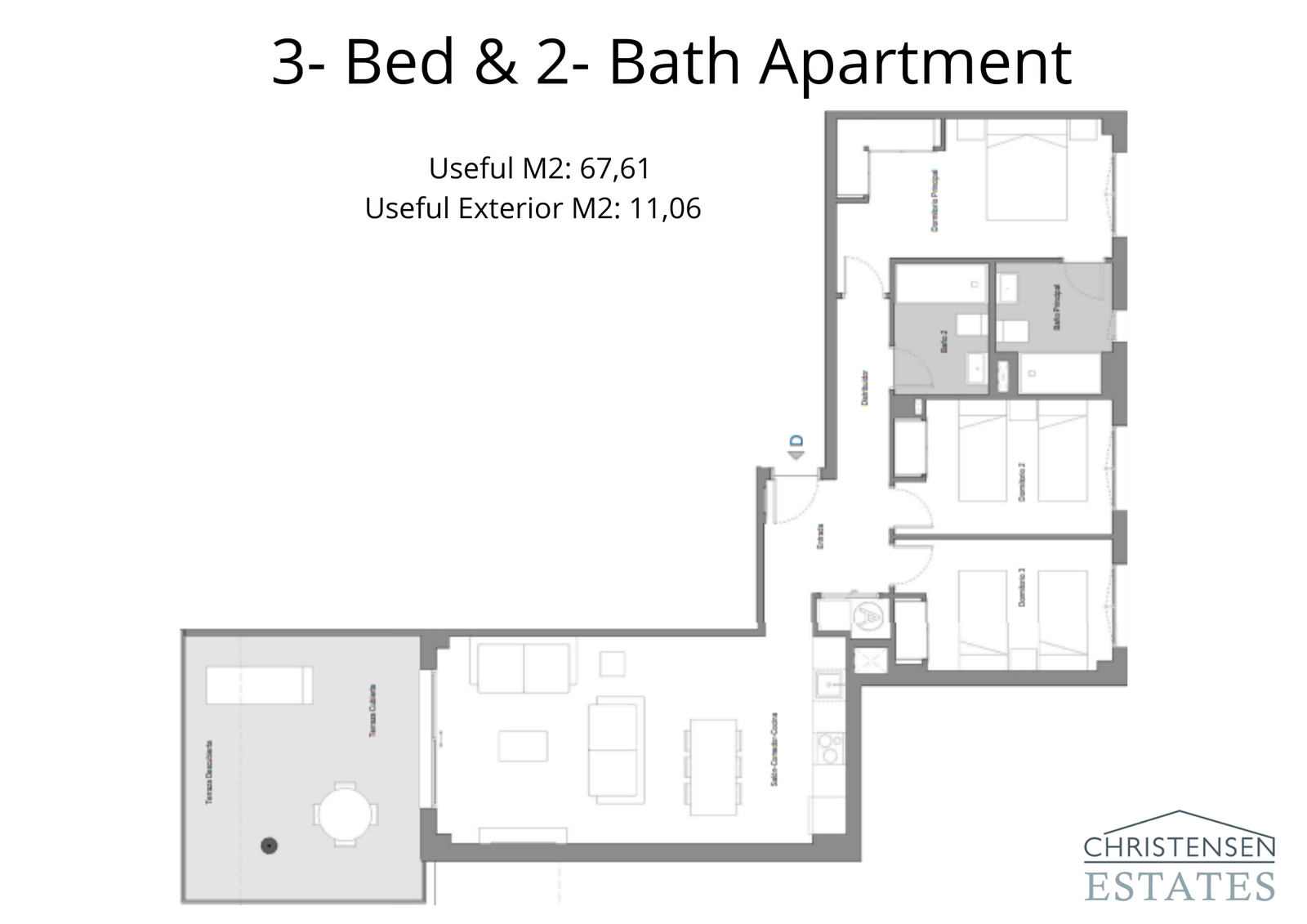 This floor plan shows the three-bedroom apartment, offering generous space for families and a large private terrace.