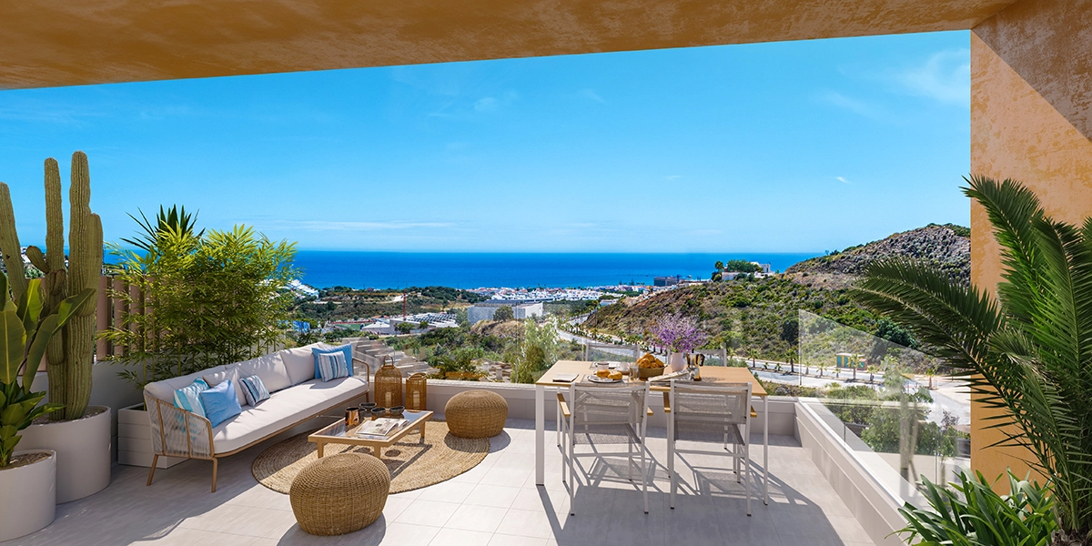 A spacious private terrace offering breathtaking sea views over the Mediterranean coast.