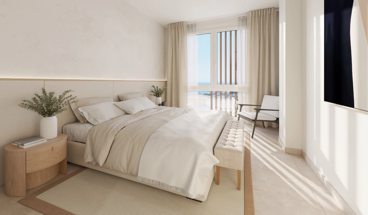 The serene master bedroom, a peaceful retreat with natural light and direct terrace access.