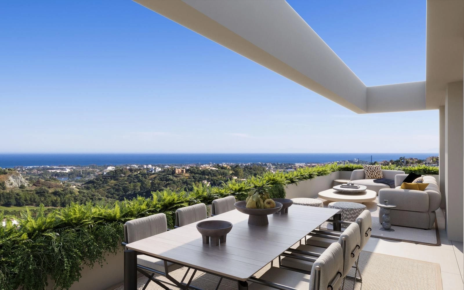 Spacious terraces offer breathtaking panoramic views of the Mediterranean Sea.