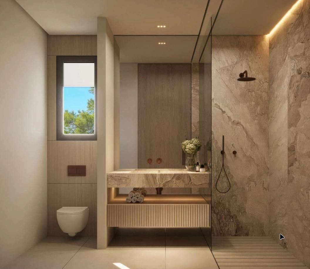 Modern bathrooms feature high-quality materials and a spa-like atmosphere.