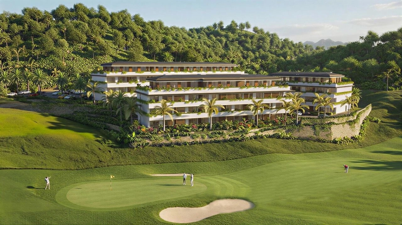 The development is perfectly integrated into the rolling hills of the golf course.