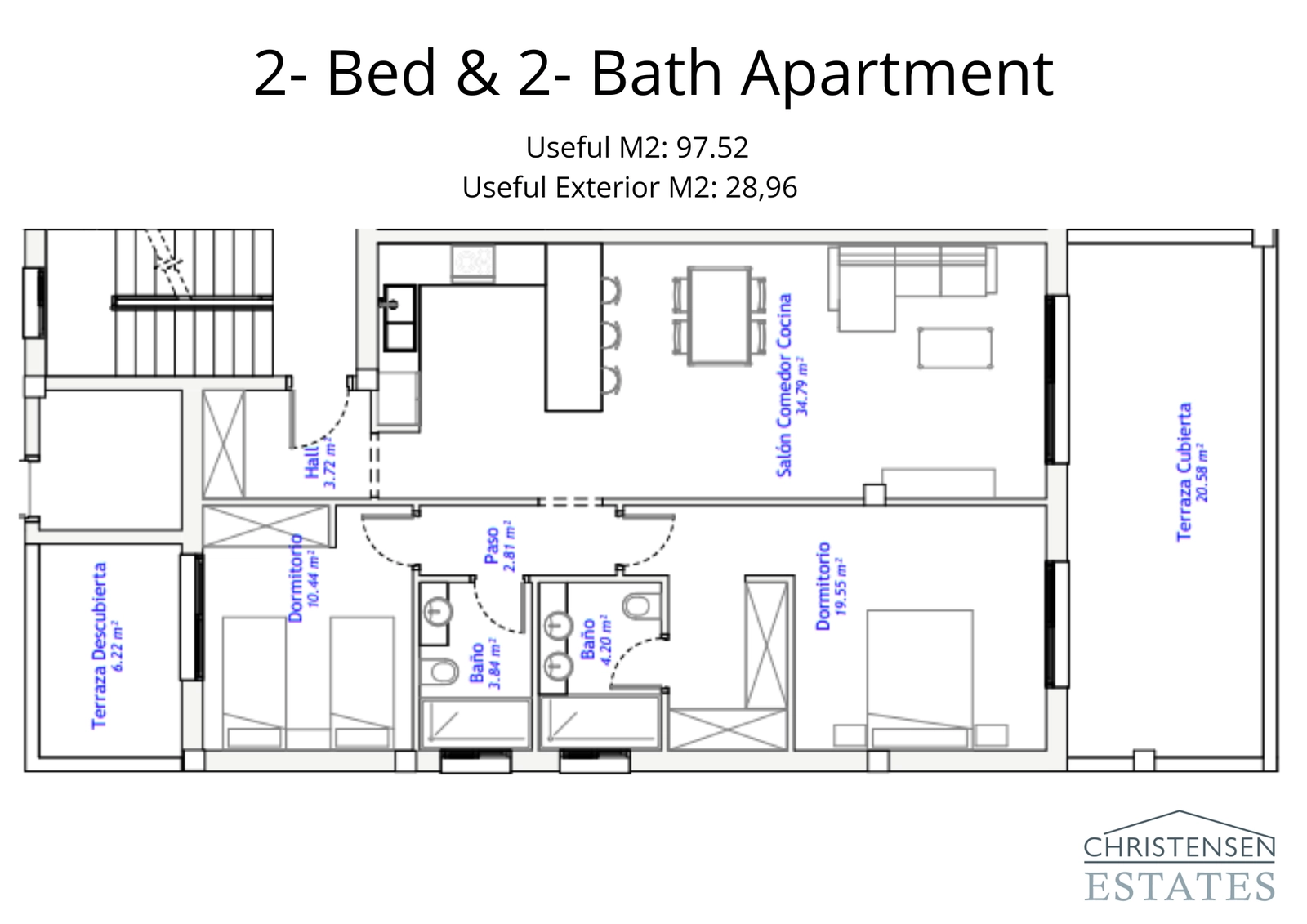 Floor plan for a two-bedroom apartment, showing a spacious living area and a large private terrace.