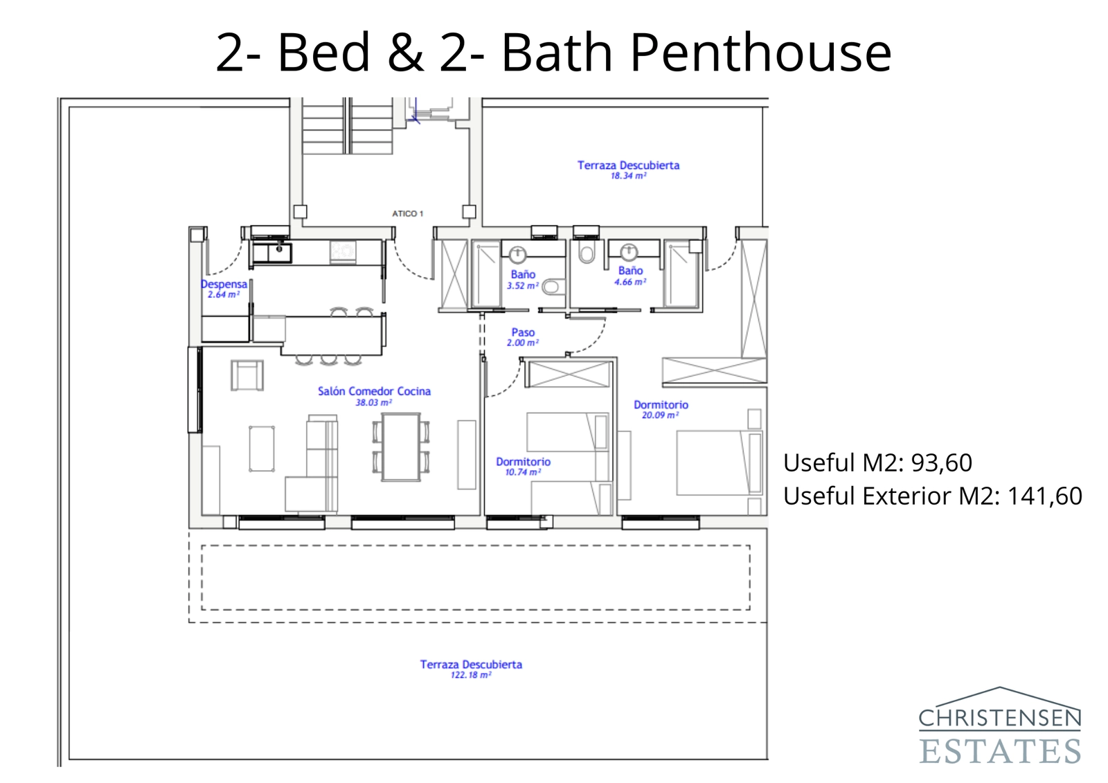 The penthouse layout features an expansive terrace, perfect for enjoying the views and outdoor living.