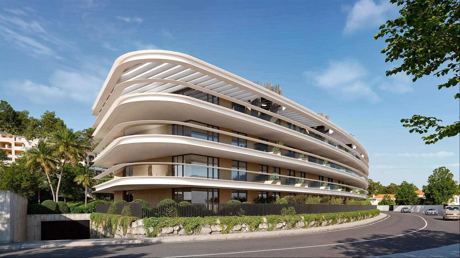 The unique curved architecture of the building, designed for contemporary elegance.