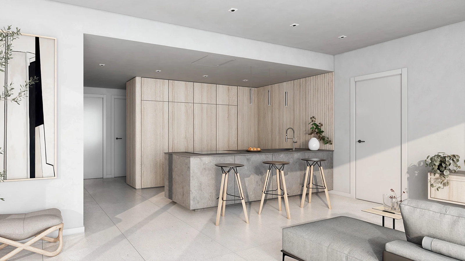 A contemporary kitchen, fully equipped with high-quality appliances and finishes.