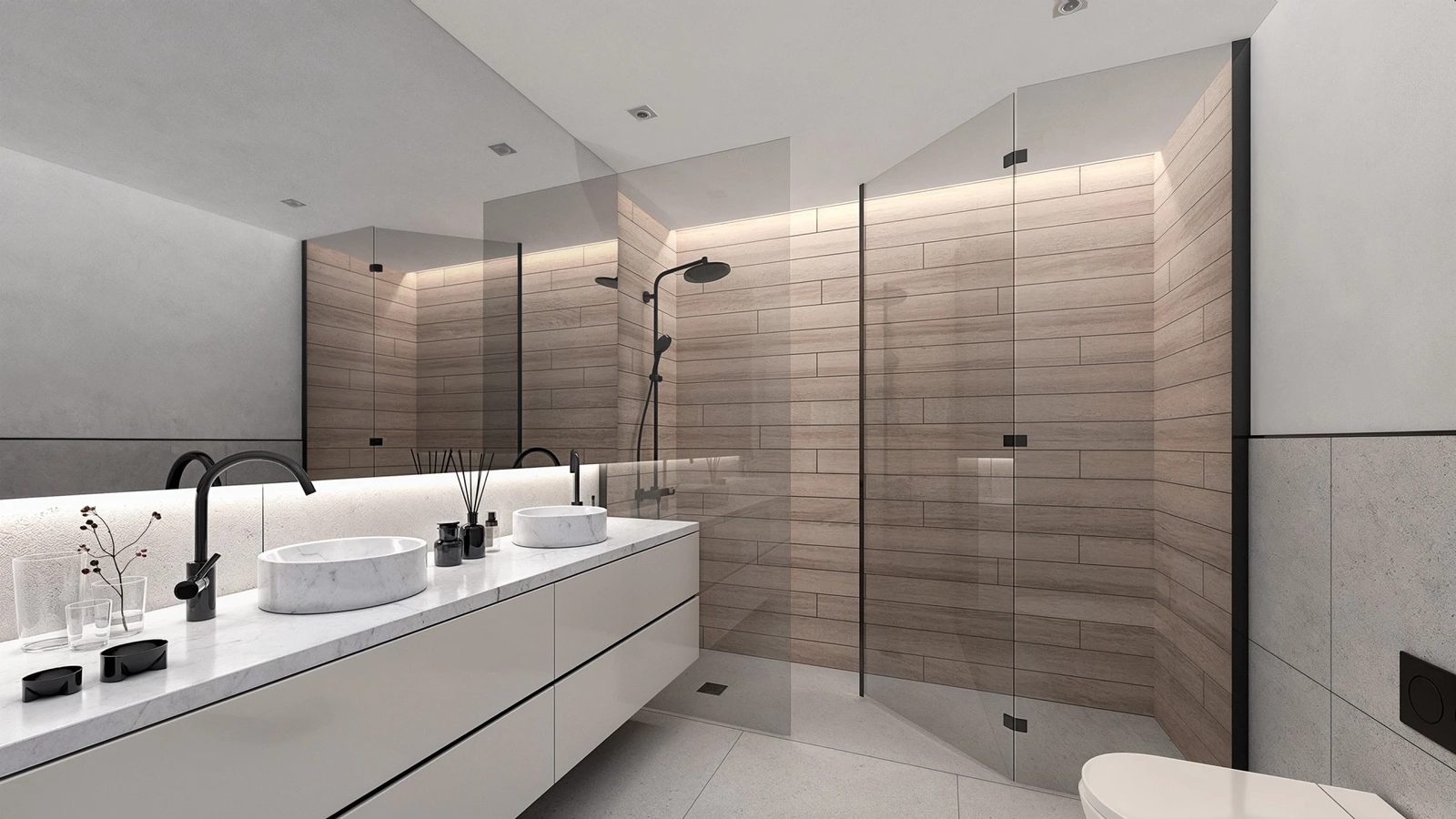 A modern bathroom featuring high-quality materials and a clean, sophisticated design.